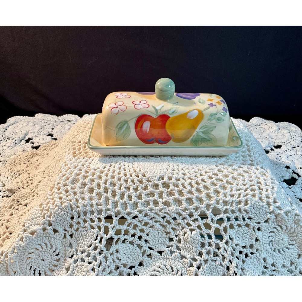 Gibson Home Fruit Grove China Butter‎ Dish Cream Hand Painted Fruit Pattern
